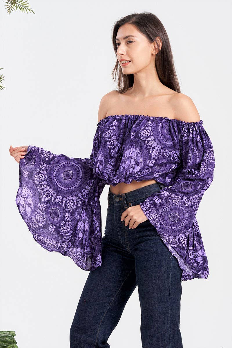 Boho Shoulder Off Ruffle Sleeve Crop Top (TH-1765)