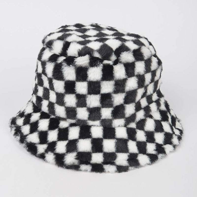Plaid Fur Bucket Hat: Black White | WILD FLIER GIFTS AND APPAREL