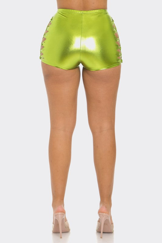 Bear Dance Metallic Lime Cut Out Shorts - WILD FLIER GIFTS AND APPAREL