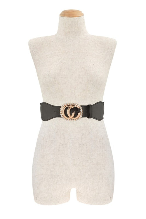 Double C Metal Buckle with Rhinestone Black Elastic Belt
