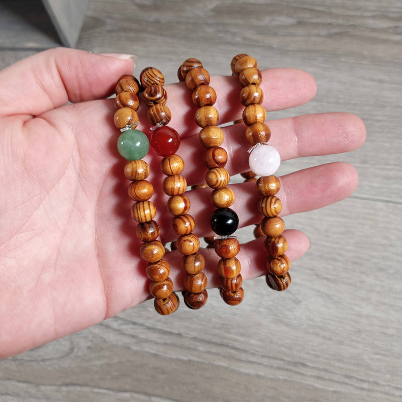 Assorted Gemstone with Wood Beads Bracelet : Assorted Symbols and Stones