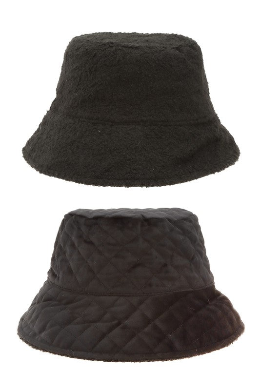 Black Quilted Velvet and Fur Reversible Bucket Hat