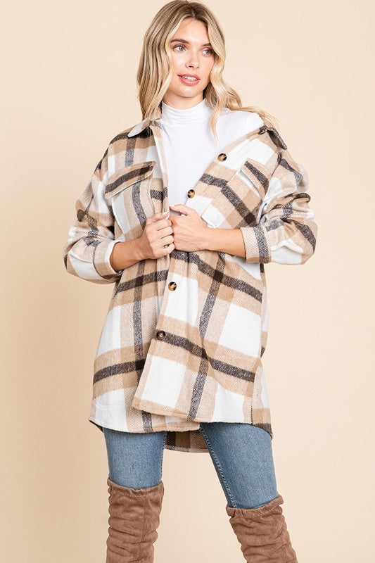 Camel Lapel Button Up Plaid Flannel Shirt Jacket - WILD FLIER GIFTS AND APPAREL