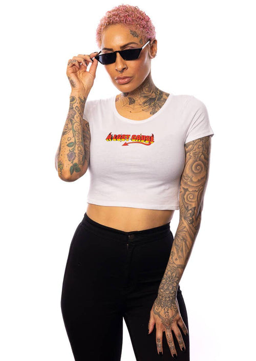 Little Devil Crop Tee: White / XS | WILD FLIER GIFTS AND APPAREL