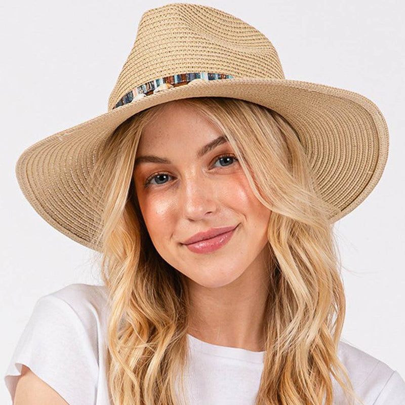 STRAW SUN HAT WITH COWRIE SHELLS AND MULTI COLORED BAND