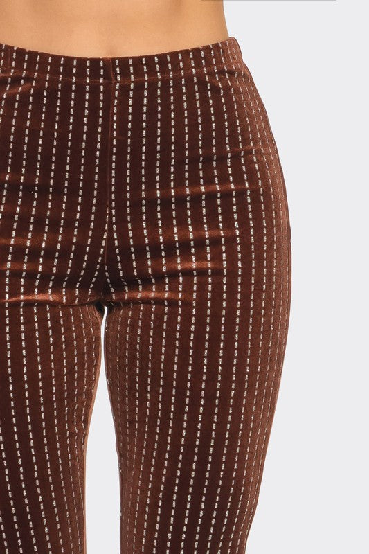 Brown Velvet Flared Long Pants with Glitter Stripes