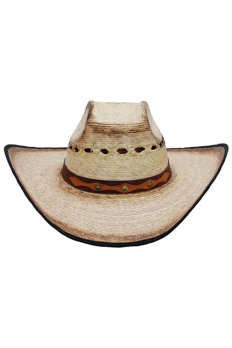 Vented Vintage Burnt Biggs Palm Straw Cowboy Hat: Beige/Black