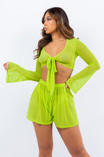 Bear Dance Neon Green Mesh Long Sleeve Top and Shorts Set - WILD FLIER GIFTS AND APPAREL