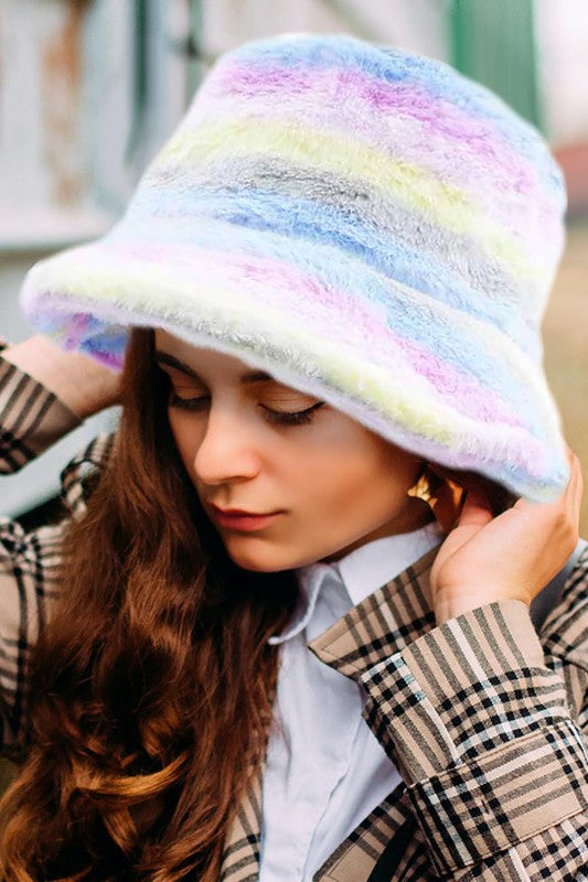 Pastel Rainbow Faux Fur Bucket Hat