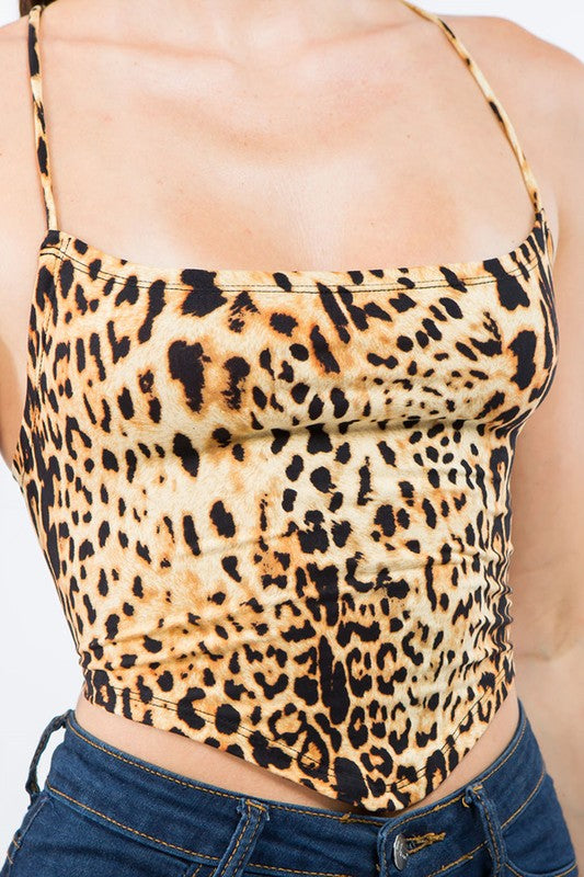 Bear Dance Leopard Print Crop Top with Crisscross Tie Back - WILD FLIER GIFTS AND APPAREL
