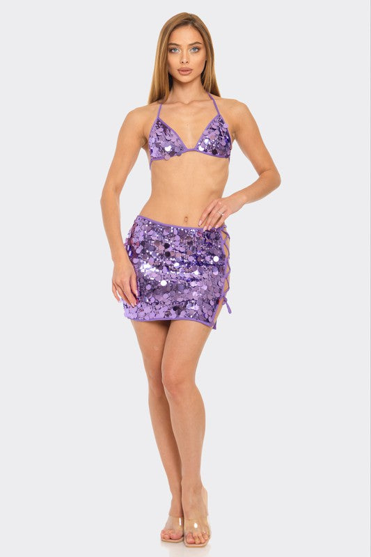 Bear Dance Purple Sequin Bikini Top and Mini Skirt Set - WILD FLIER GIFTS AND APPAREL