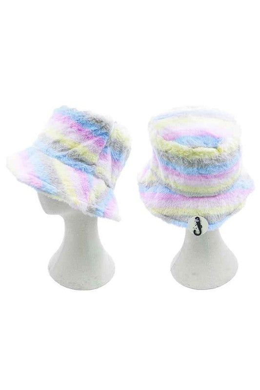 Pastel Rainbow Faux Fur Bucket Hat