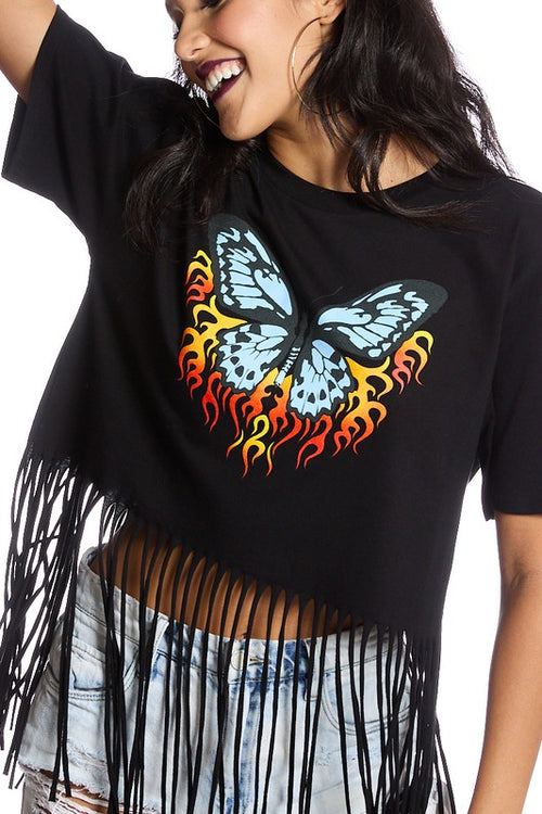 Butterfly Organic Cotton Fringe Bottom Short Sleeve Tee