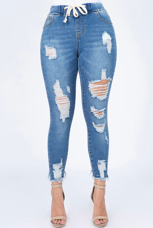 American Bazi Blue Distressed Denim Joggers With Drawstrings - WILD FLIER GIFTS AND APPAREL