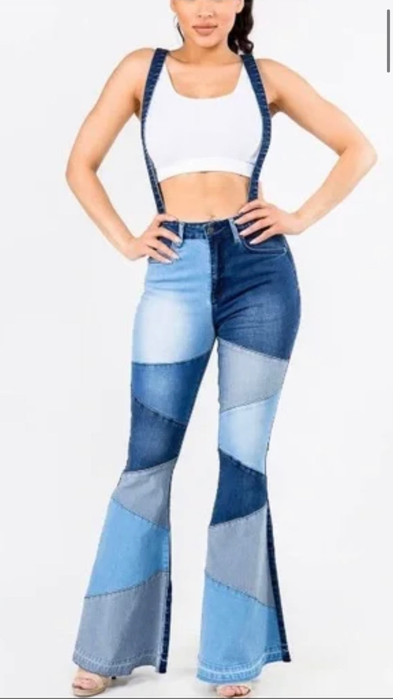 American Bazi Patchwork Flare Jeans with Suspenders - WILD FLIER GIFTS AND APPAREL