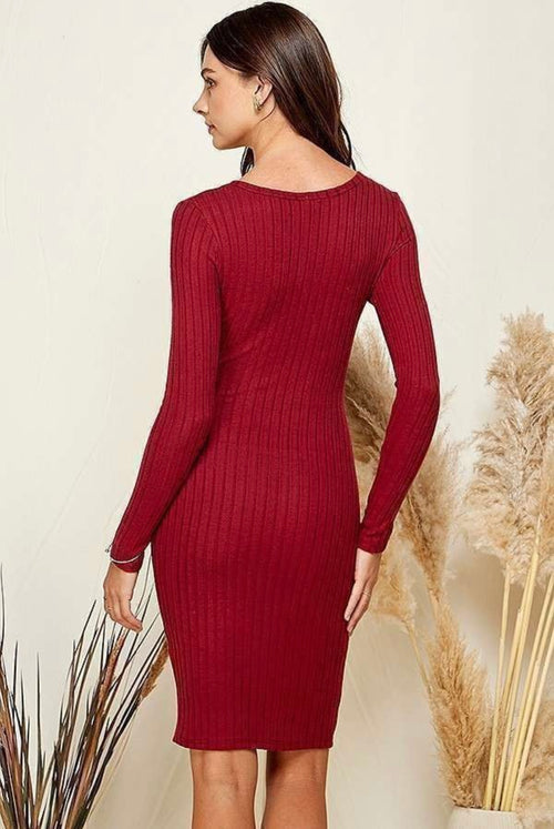 Heart & Hips Long Sleeve Ribbed Dress- Burgundy - WILD FLIER GIFTS AND APPAREL