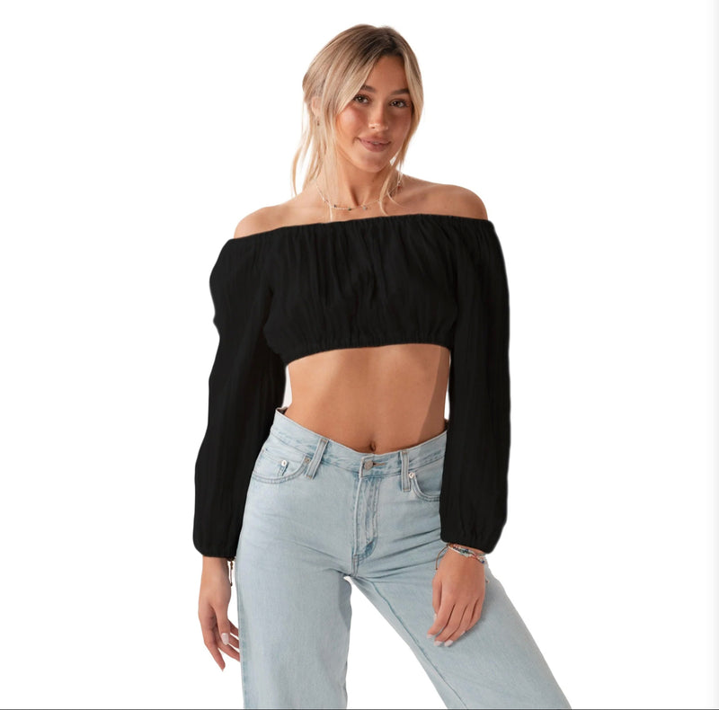 Lotus and Luna Black Long Sleeve Off The Shoulder Crop Top - WILD FLIER GIFTS AND APPAREL