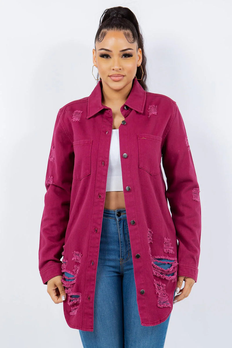 American Bazi Plum Distressed Button Up Long Sleeve Denim Jacket