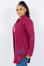 American Bazi Plum Distressed Button Up Long Sleeve Denim Jacket