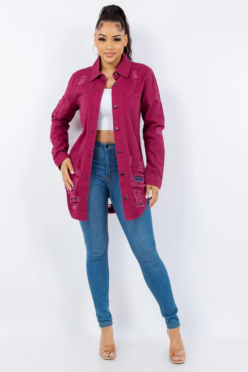 American Bazi Plum Distressed Button Up Long Sleeve Denim Jacket