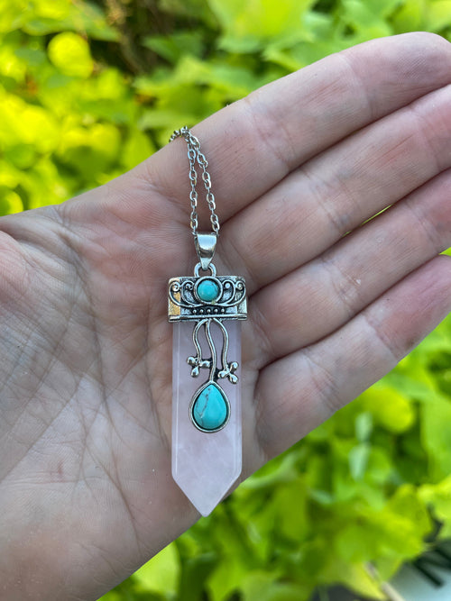 Rose Quartz Pendant With Turquoise Embellishment Necklace | WILD FLIER GIFTS AND APPAREL