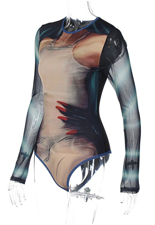 Stitched Mesh Painted Long Sleeve Bodysuit