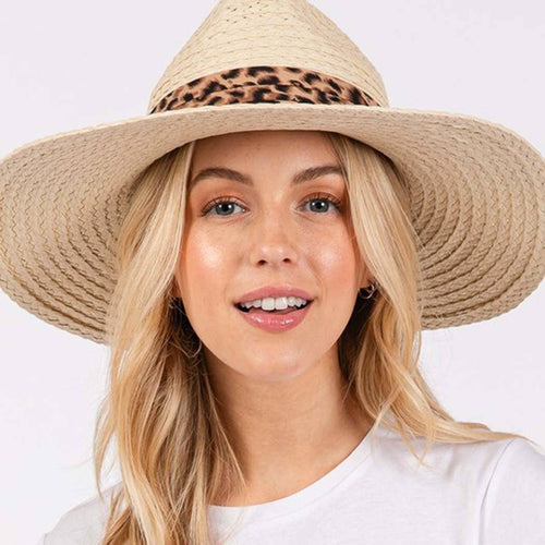LEOPARD BAND STRAW SUN HAT.: BK | WILD FLIER GIFTS AND APPAREL