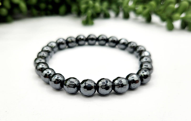 Hematite Faceted 8mm Gemstone Bracelet Stretchable-7.5"L