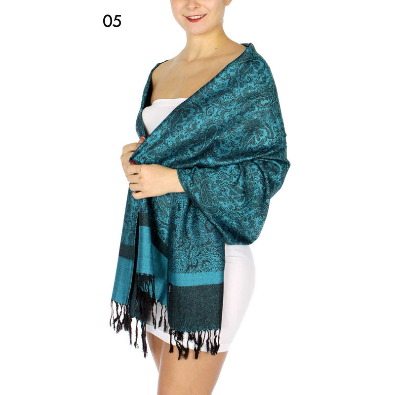 Teal Jacquard Paisley Pashmina Scarf Reversible Shawl Wrap