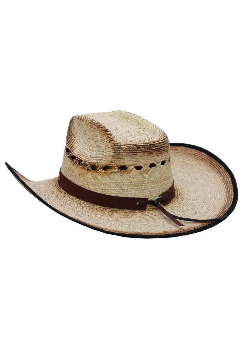 Vented Vintage Burnt Biggs Palm Straw Cowboy Hat: Beige/Black