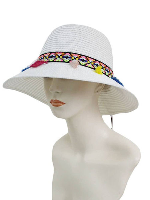 Colorful Tassel Decorative Sun Hat: White