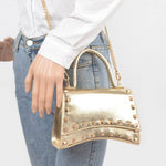 Metallic Faux Leather Studded Top Handle Clutch: BK | WILD FLIER GIFTS AND APPAREL