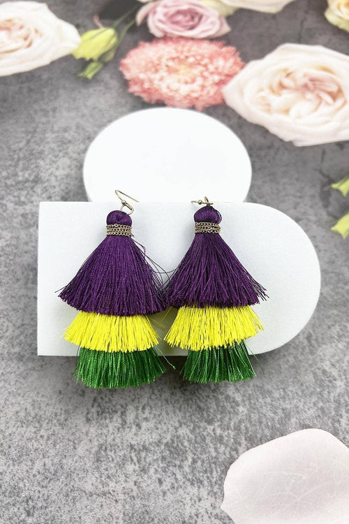 MARDI GRAS THME HOOK EARRING OF THREE DROP TASSEL PATTERN: MULTI / ONE(6) | WILD FLIER GIFTS AND APPAREL