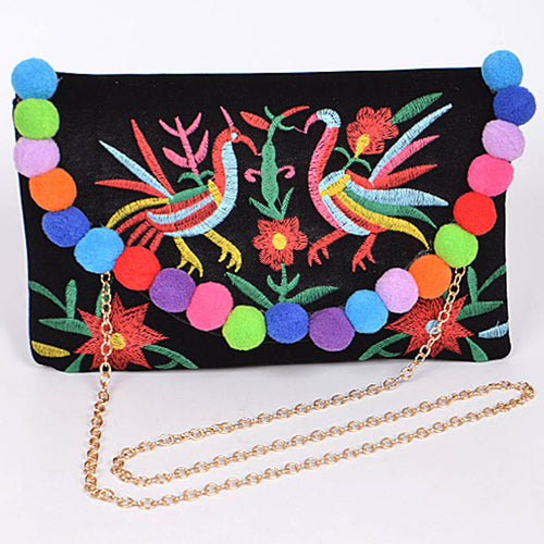 Asian Style Faux Velvet & Puff Balls Clutch: Black | WILD FLIER GIFTS AND APPAREL