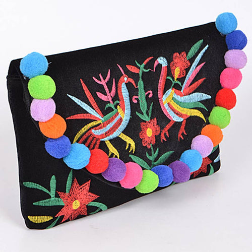 Oriental Faux Velvet & Puff Balls Clutch
