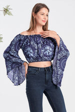 Boho Shoulder Off Ruffle Sleeve Crop Top (TH-1765)