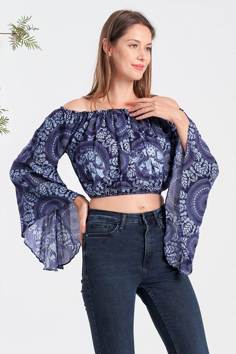 Boho Shoulder Off Ruffle Sleeve Crop Top (TH-1765)