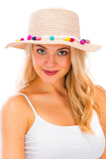 Colorful  Pom Pom Boater Hat: White | WILD FLIER GIFTS AND APPAREL