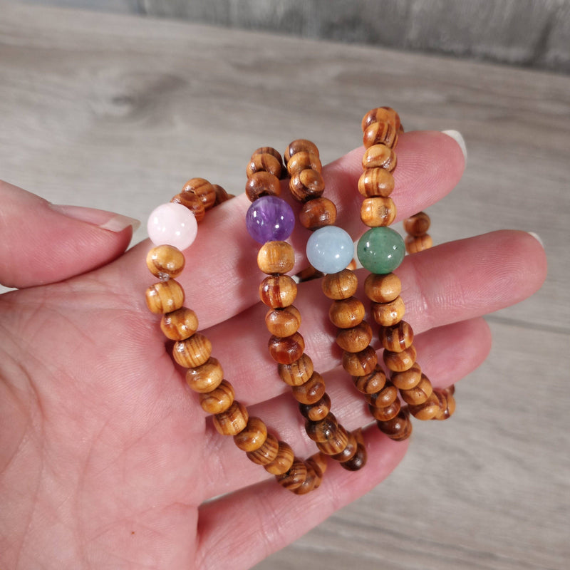Assorted Gemstone with Wood Beads Bracelet : Assorted Symbols and Stones