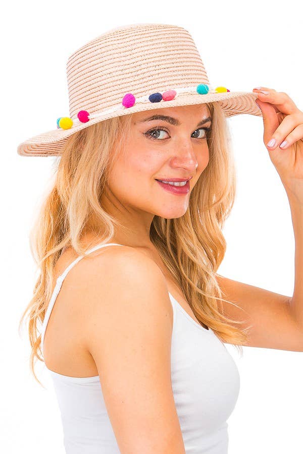 Colorful  Pom Pom Boater Hat: White | WILD FLIER GIFTS AND APPAREL