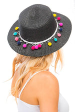 Colorful  Pom Pom Boater Hat: White