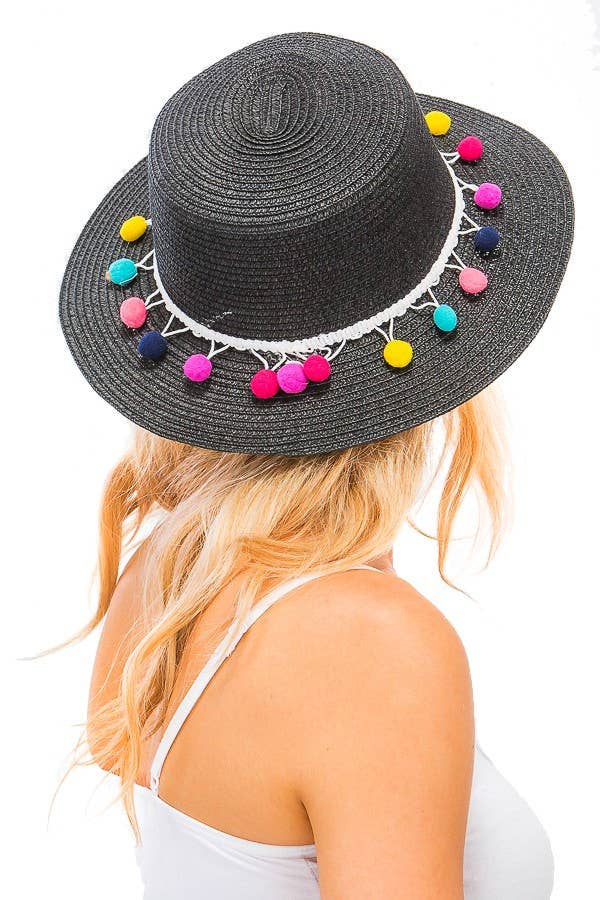 Colorful  Pom Pom Boater Hat: White