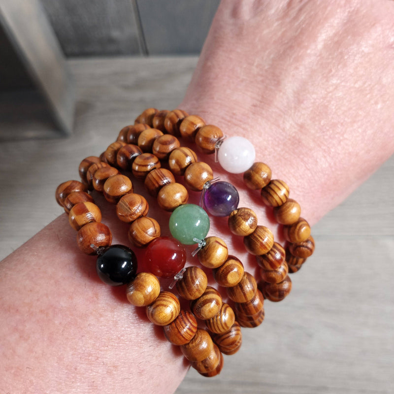 Assorted Gemstone with Wood Beads Bracelet : Assorted Symbols and Stones