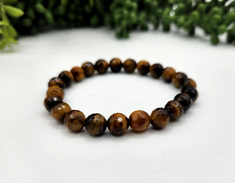 Yellow Tiger Eye Faceted Bracelet 8mm Stretchable Beads 7.5" L