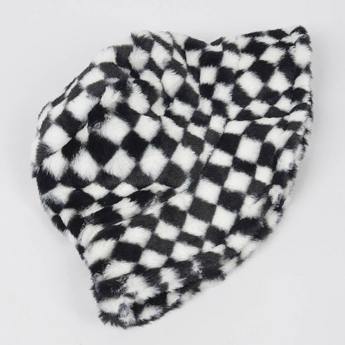 Plaid Fur Bucket Hat: Black White | WILD FLIER GIFTS AND APPAREL