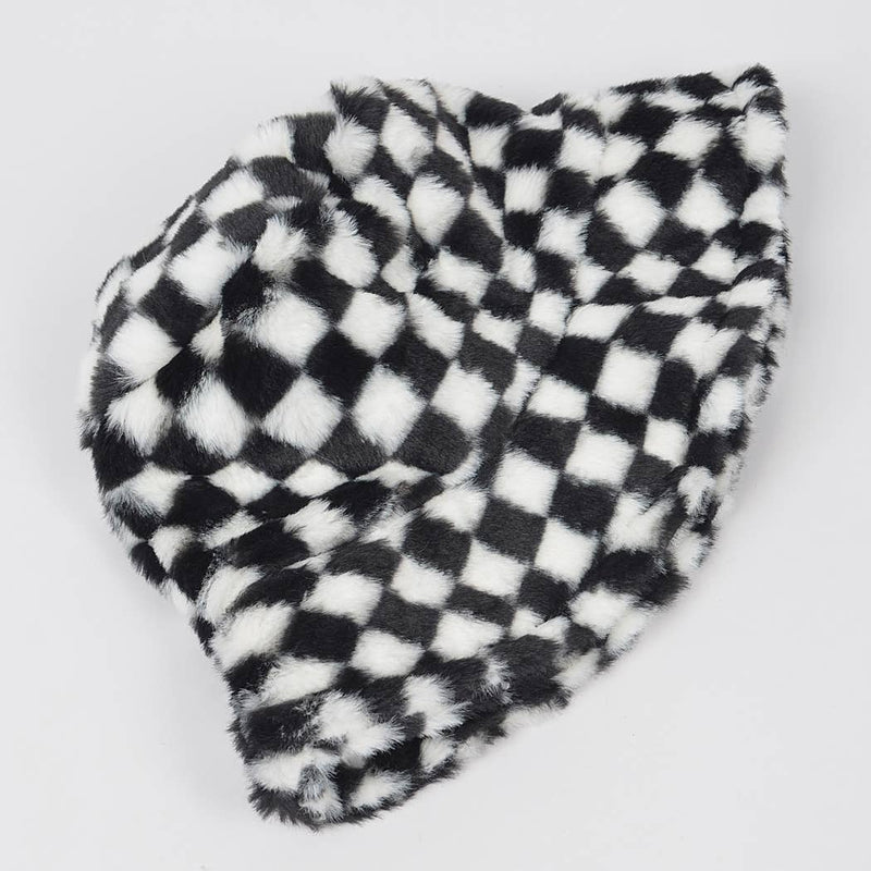 Plaid Fur Bucket Hat: Black White | WILD FLIER GIFTS AND APPAREL