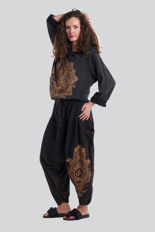 Hamsa Hand Om Print Unisex Harem Pants (TH-1440): One Size | WILD FLIER GIFTS AND APPAREL