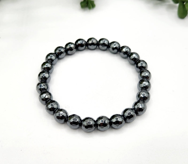 Hematite Faceted 8mm Gemstone Bracelet Stretchable-7.5"L