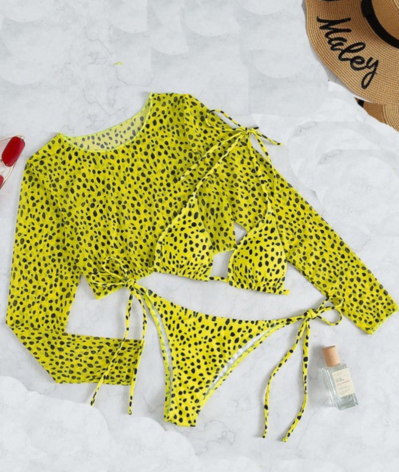 Oista Spotted Yellow Three Piece Bikini Set - WILD FLIER GIFTS AND APPAREL