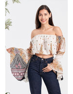 Kathmandu Imports Feather Print Off Shoulder Crop Top - WILD FLIER GIFTS AND APPAREL